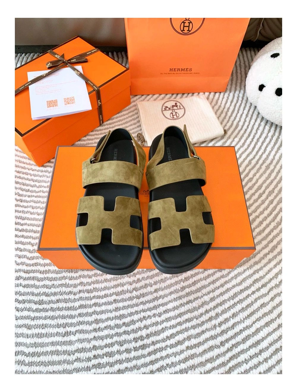 Hermes Men’s Genius Sandals In Green Suede Calfskin