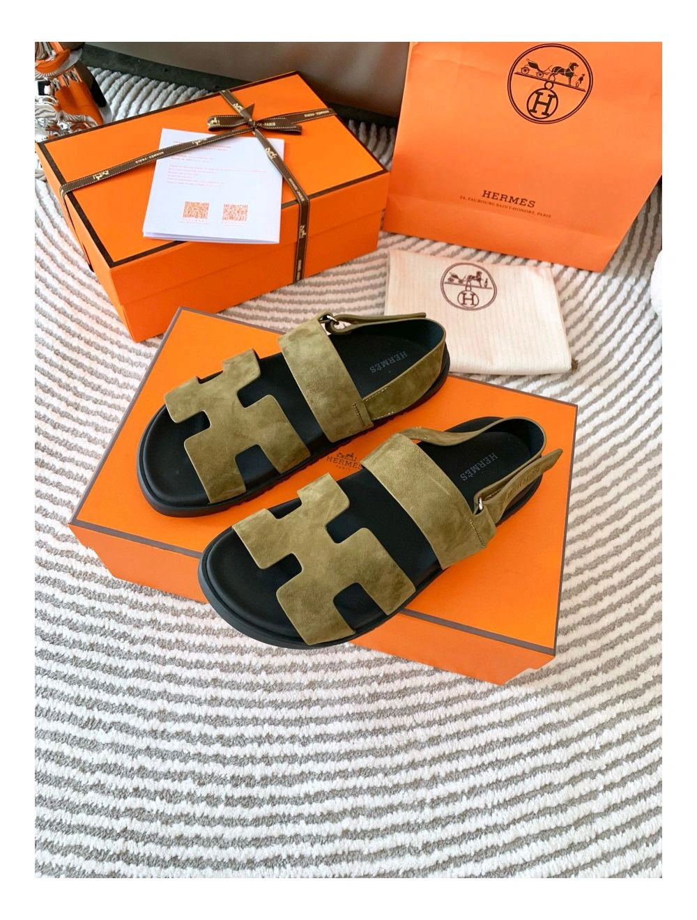 Hermes Men’s Genius Sandals In Green Suede Calfskin