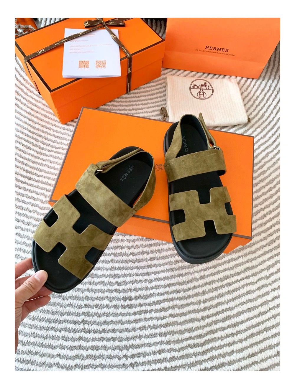 Hermes Men’s Genius Sandals In Green Suede Calfskin