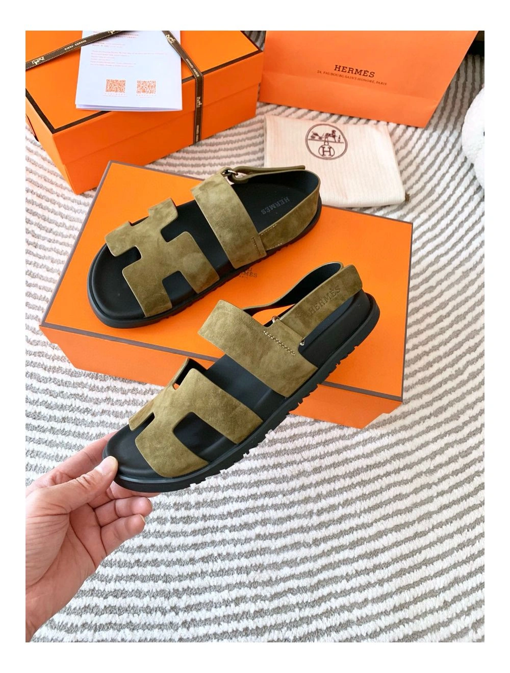 Hermes Men’s Genius Sandals In Green Suede Calfskin