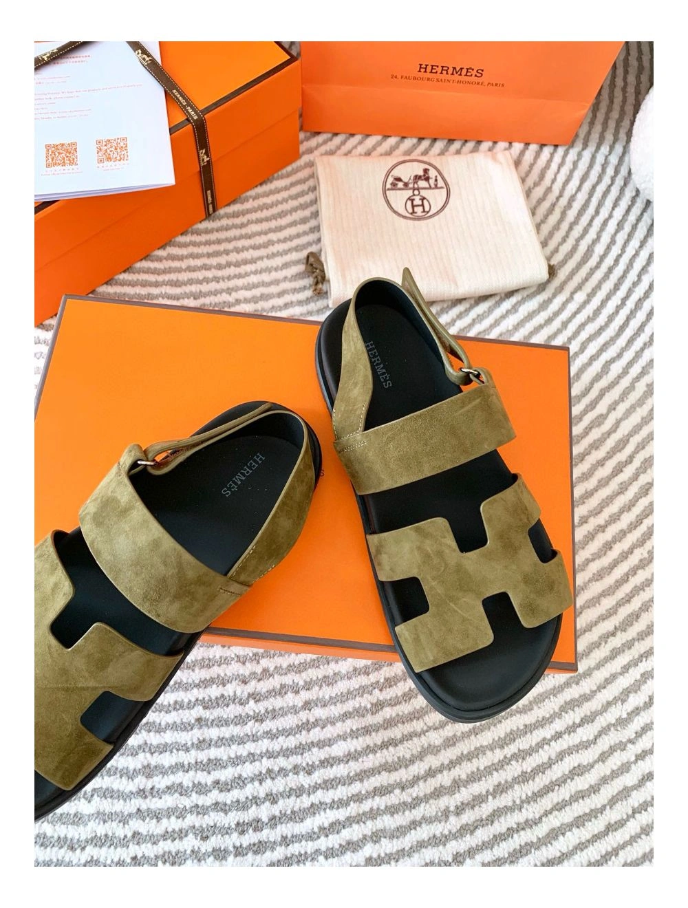 Hermes Men’s Genius Sandals In Green Suede Calfskin