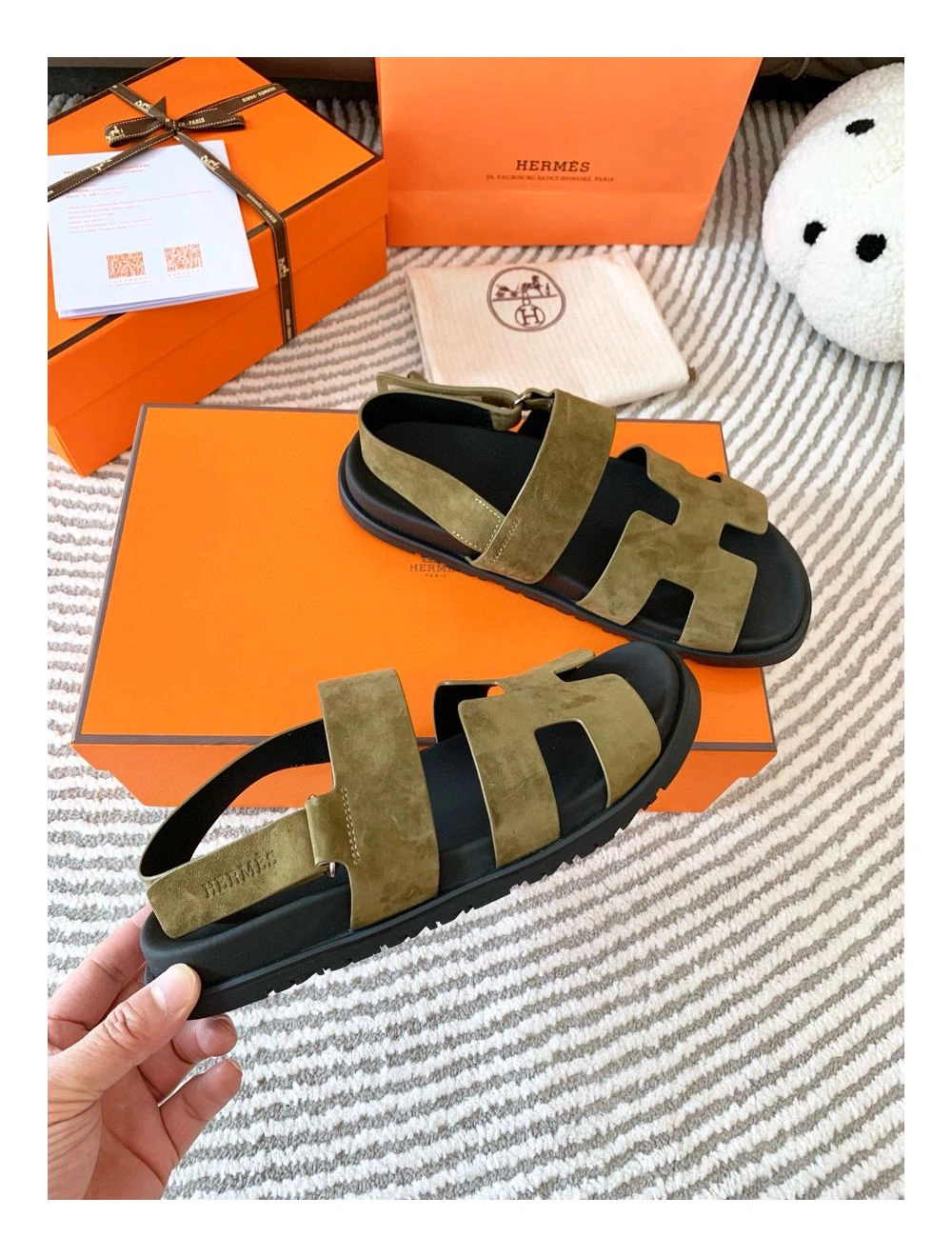 Hermes Men’s Genius Sandals In Green Suede Calfskin