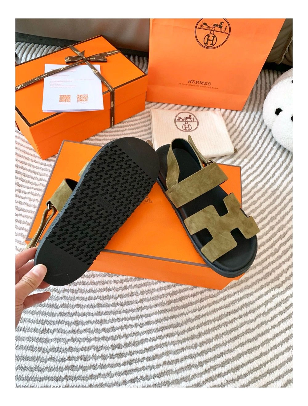 Hermes Men’s Genius Sandals In Green Suede Calfskin