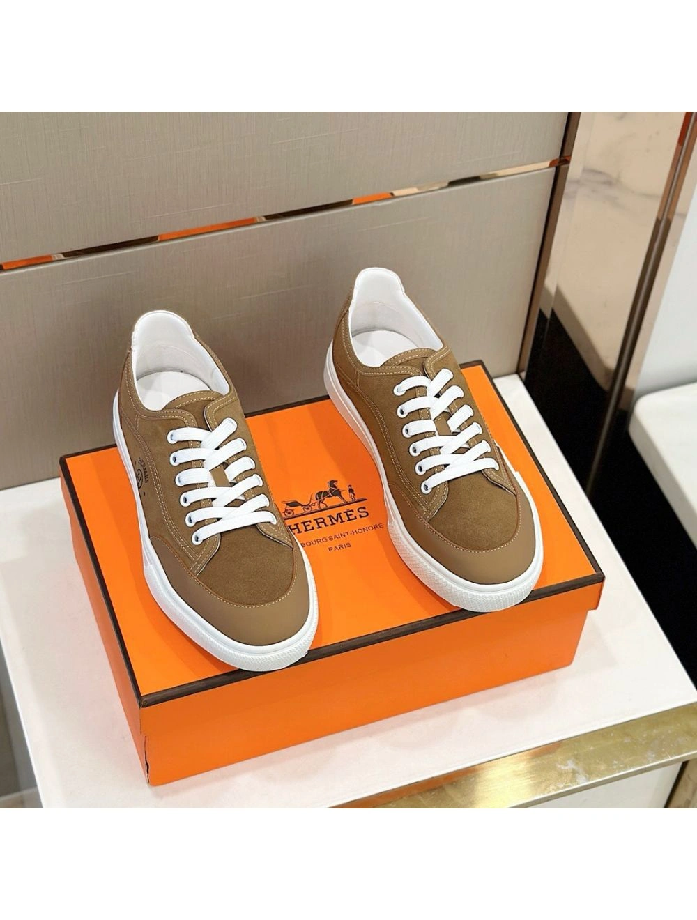 Hermes Men’s Get Sneakers in Beige Suede Leather