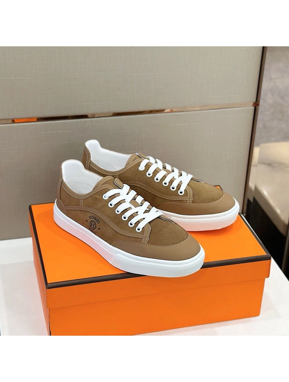 Hermes Men’s Get Sneakers in Beige Suede Leather