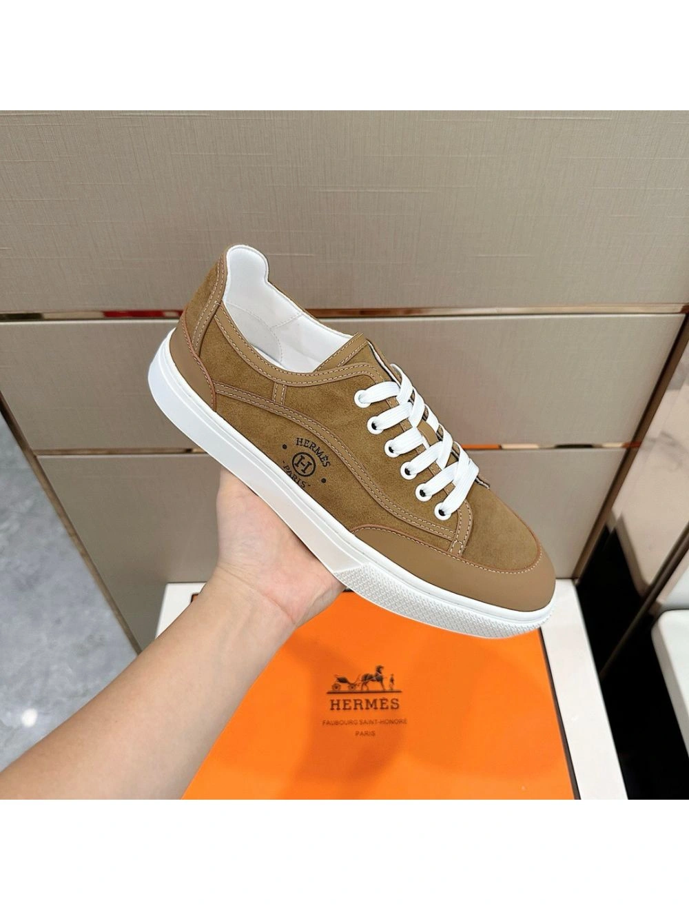 Hermes Men’s Get Sneakers in Beige Suede Leather