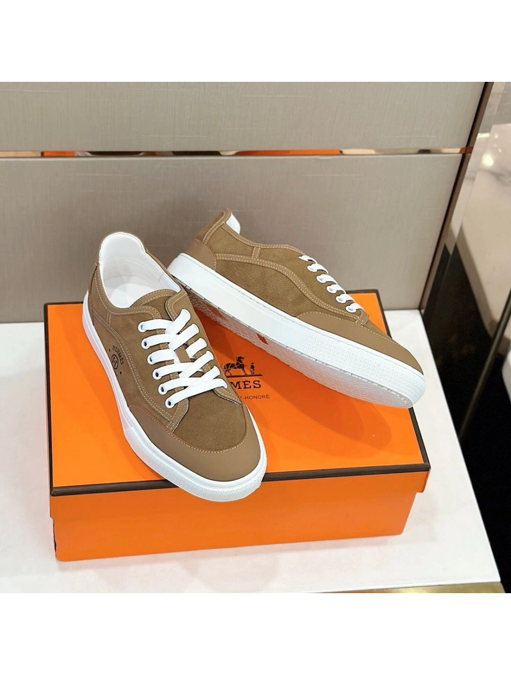 Hermes Men’s Get Sneakers in Beige Suede Leather