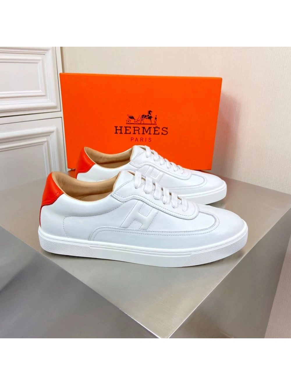 Hermes Men’s Quicker Sneakers In White Calfskin