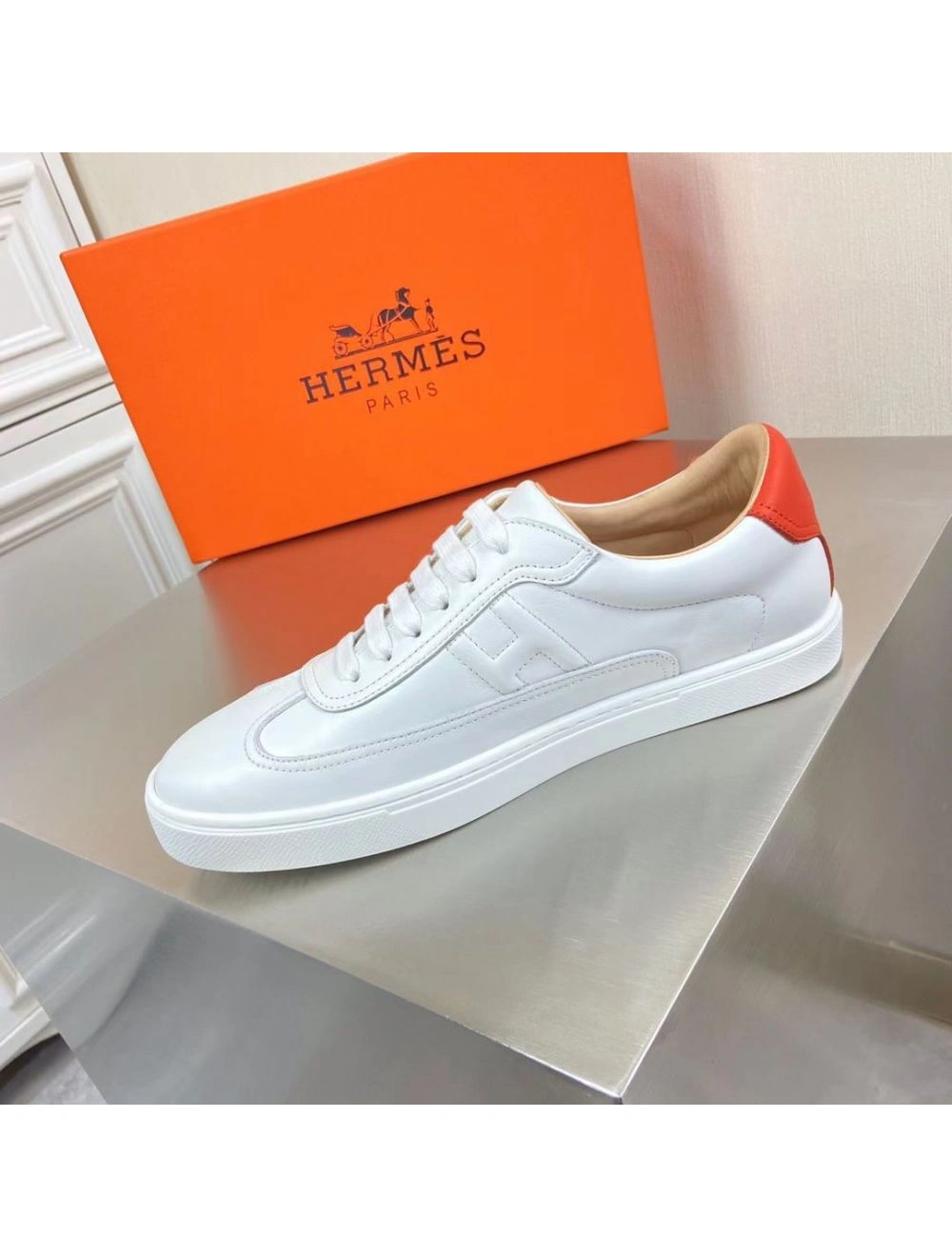 Hermes Men’s Quicker Sneakers In White Calfskin