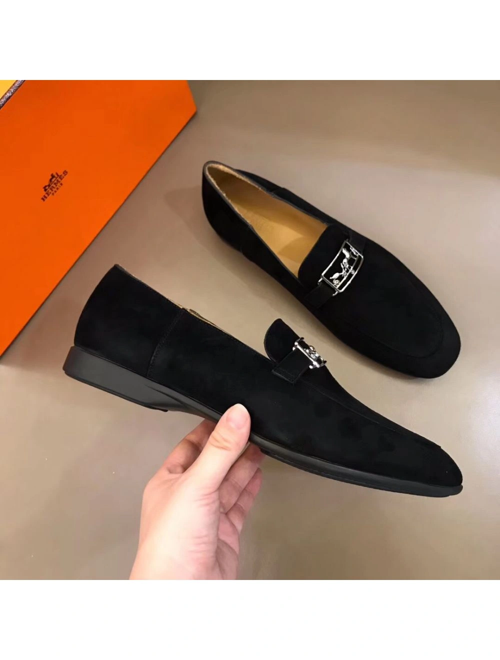 Hermes Men’s Tenor Loafers In Black Suede Leather