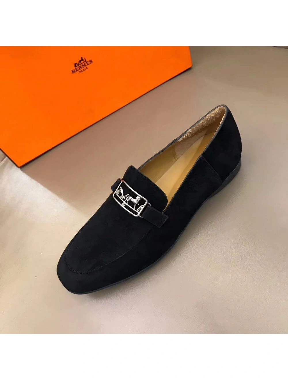 Hermes Men’s Tenor Loafers In Black Suede Leather