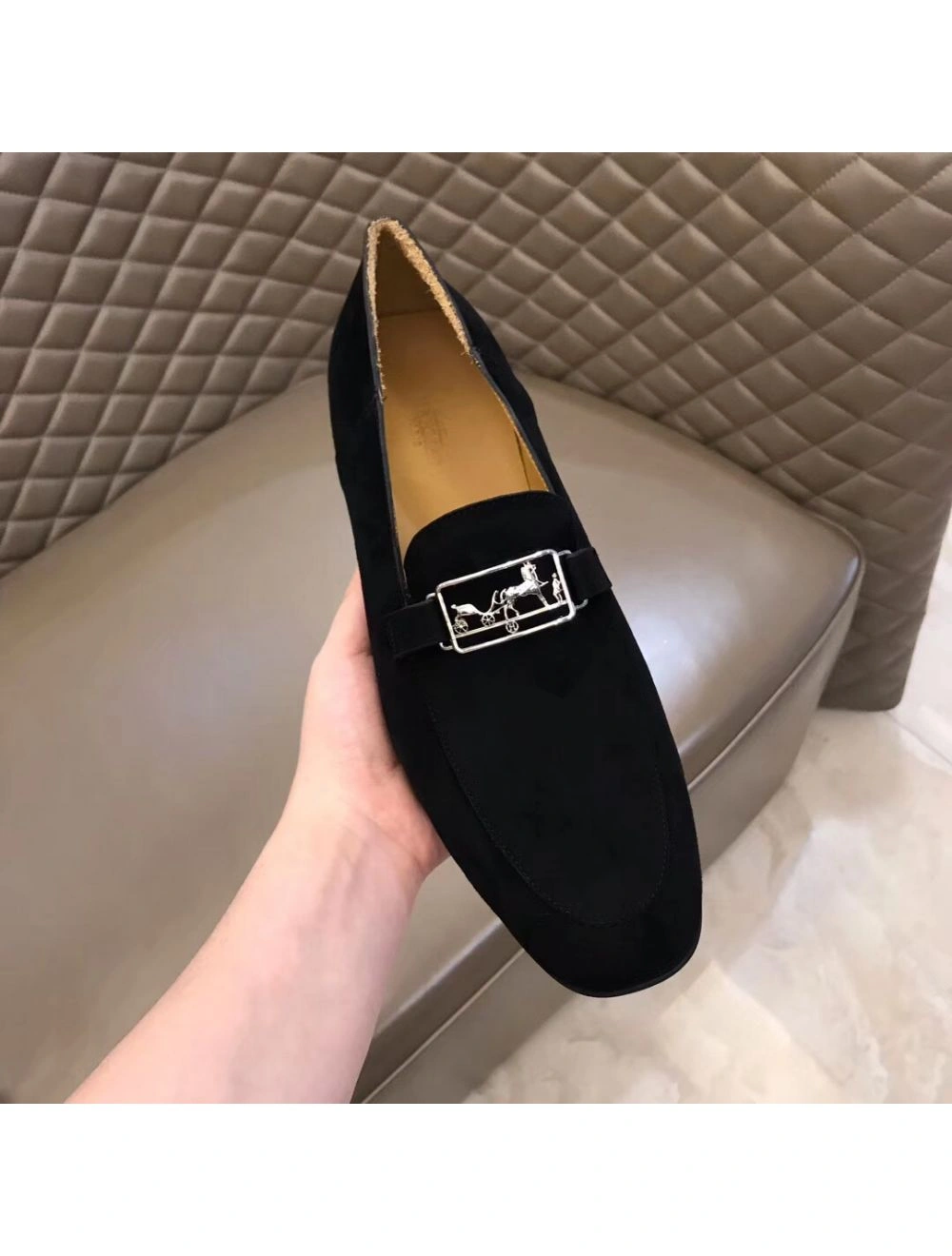 Hermes Men’s Tenor Loafers In Black Suede Leather