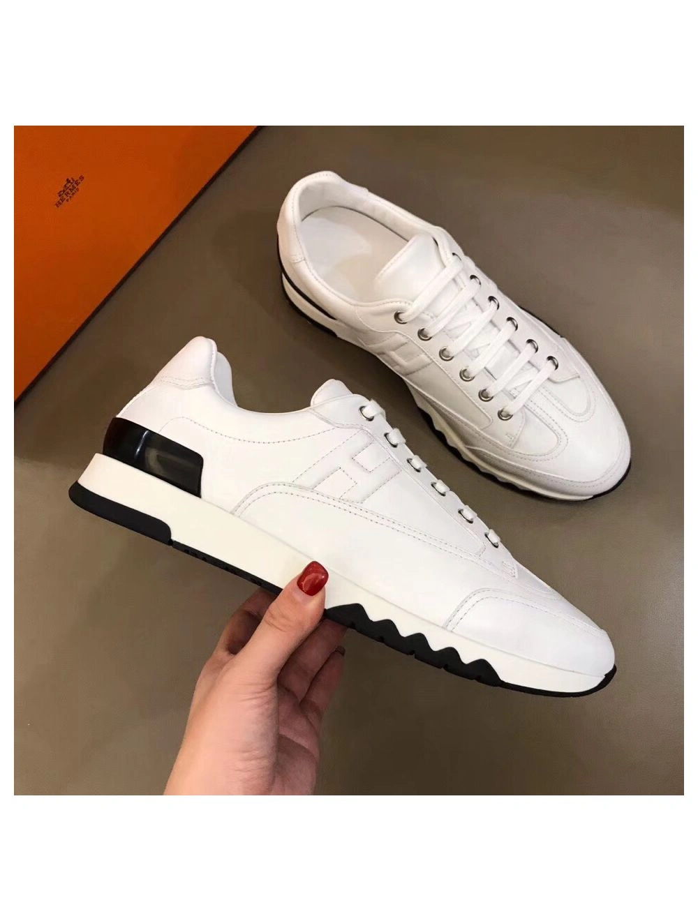 Hermes Men’s Trail Sneakers In White Calfskin Leather