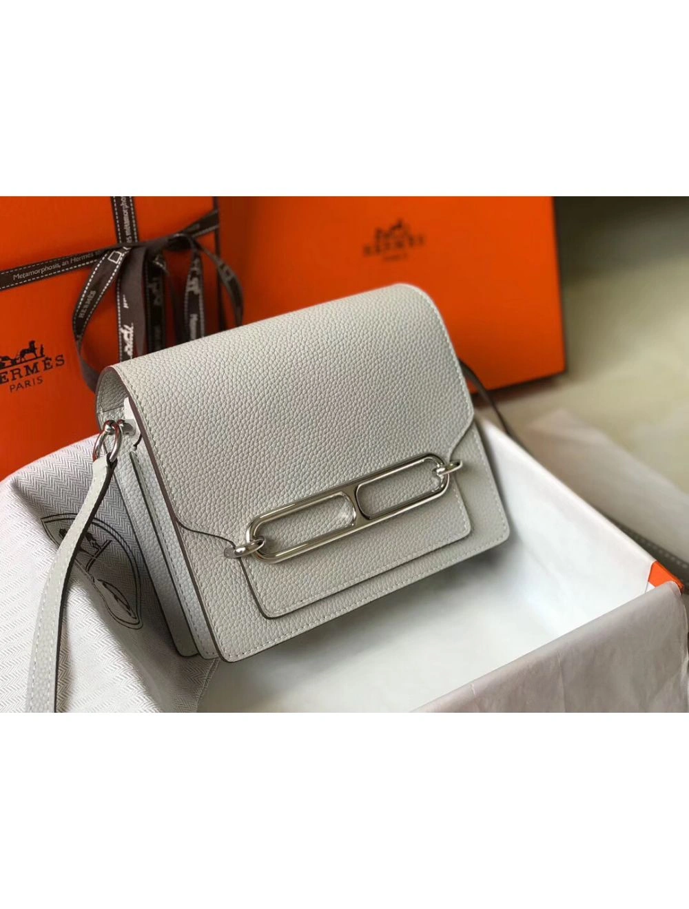 Hermes Mini Sac Roulis 18cm Bag In Pearl Grey Evercolor Calfskin