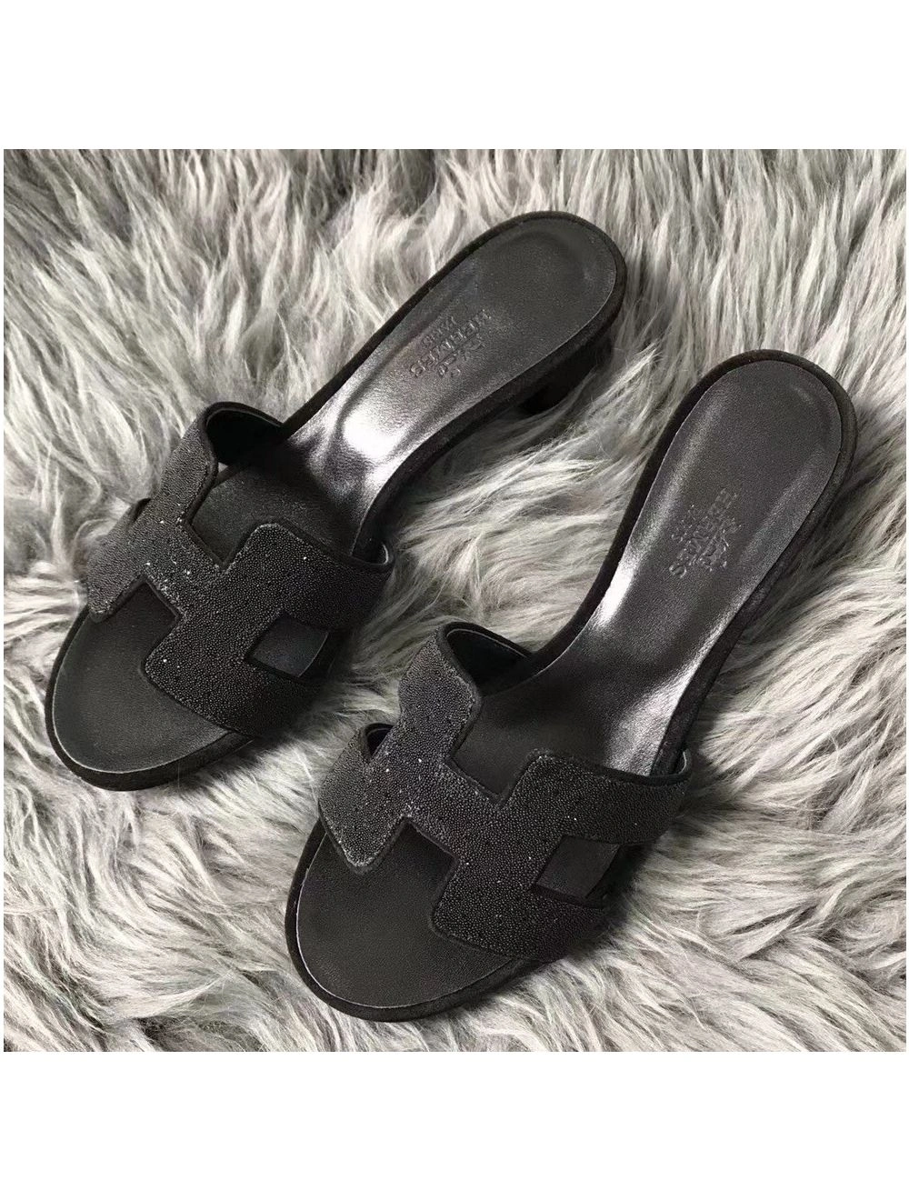 Hermes Oasis Sandals In Black Suede with Rhinestone