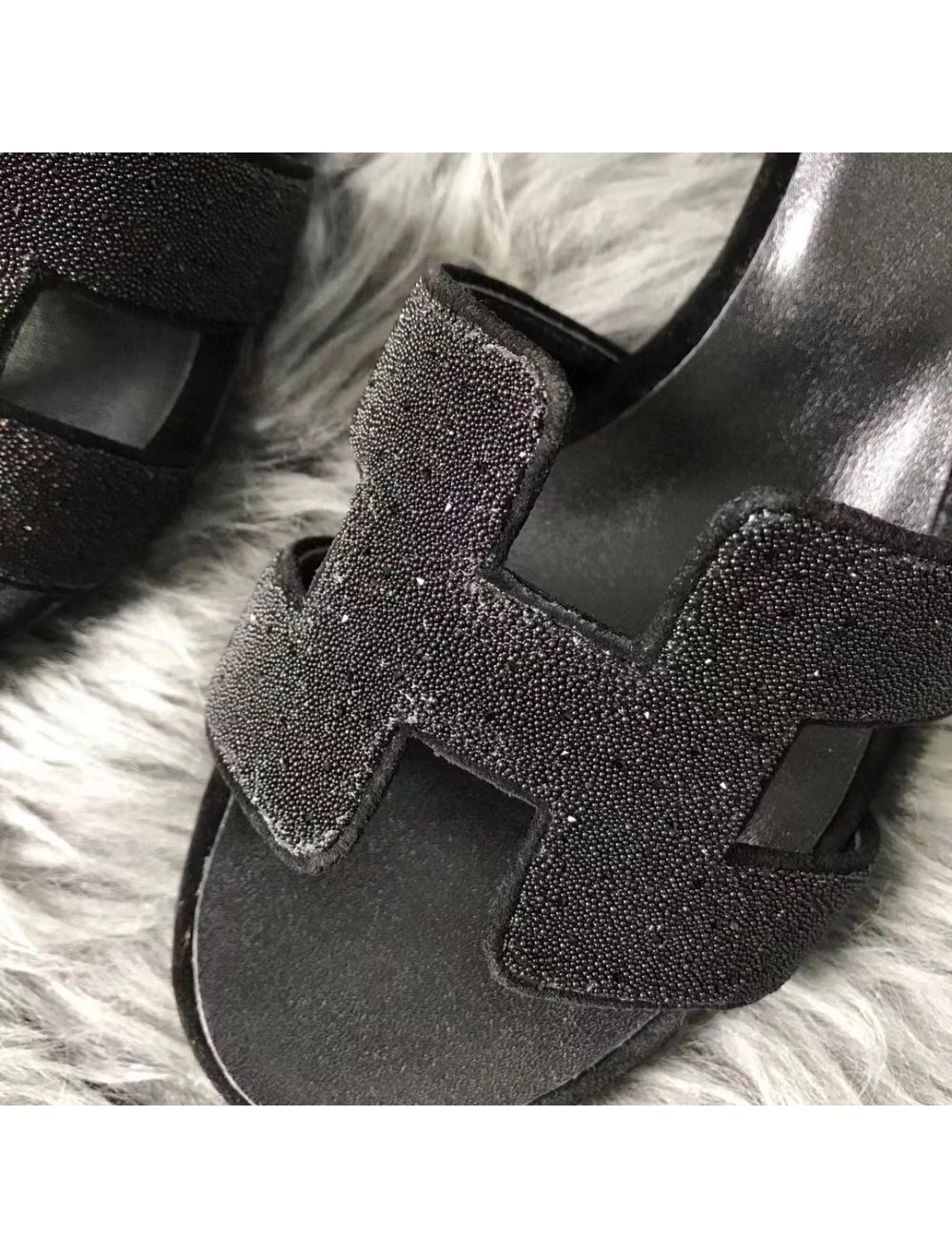 Hermes Oasis Sandals In Black Suede with Rhinestone