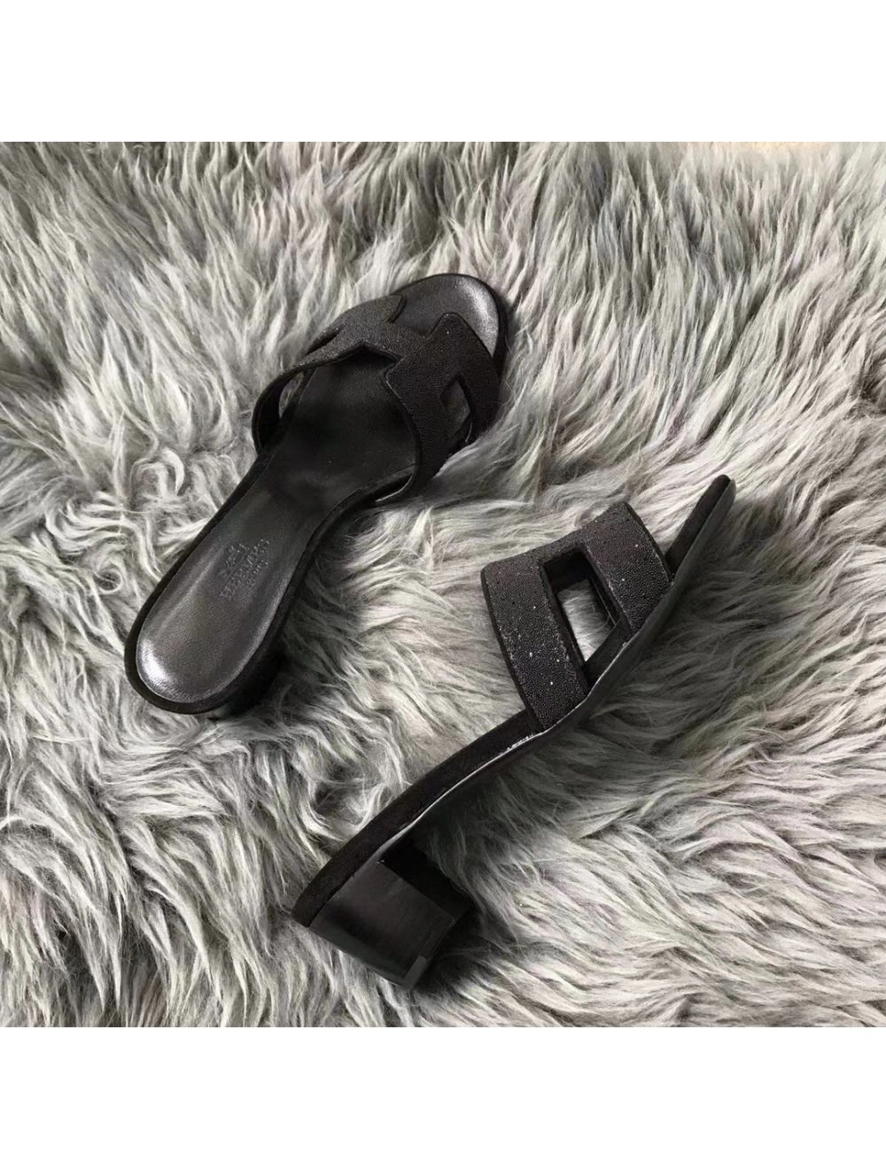 Hermes Oasis Sandals In Black Suede with Rhinestone