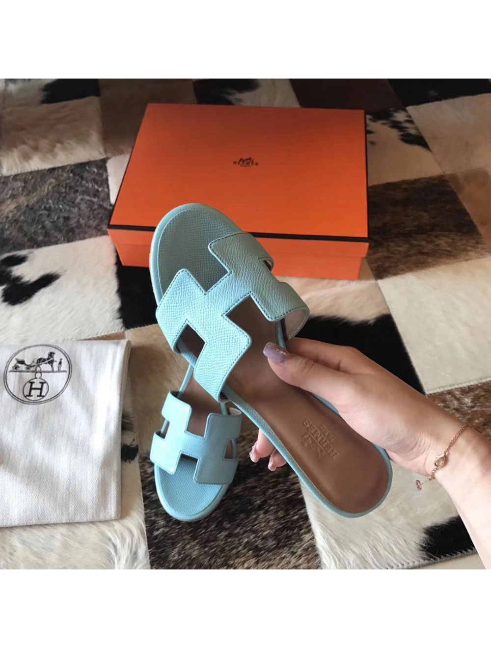 Hermes Oasis Sandals In Blue Atoll Epsom Leather