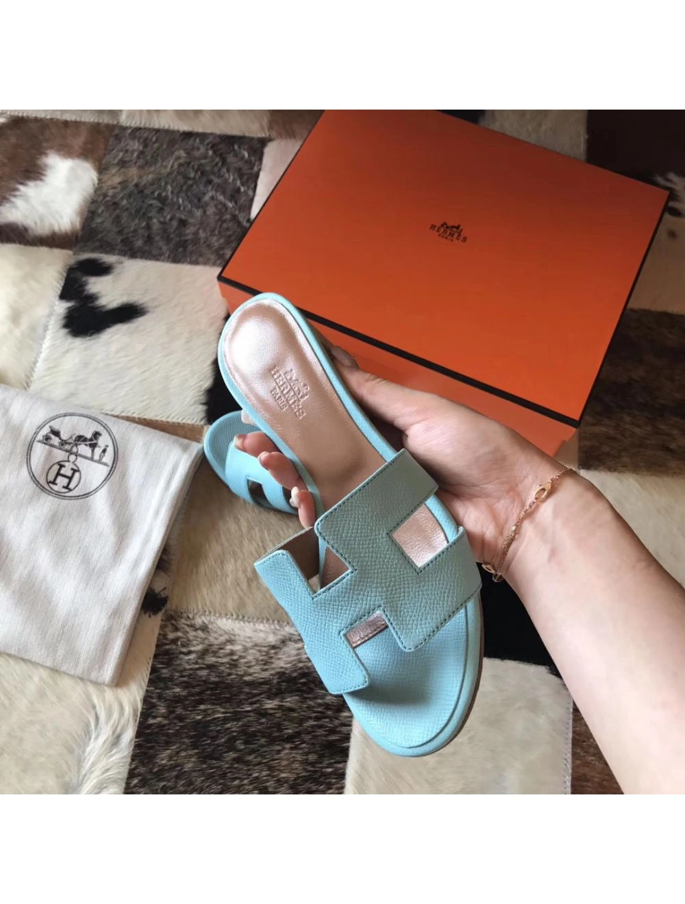 Hermes Oasis Sandals In Blue Atoll Epsom Leather