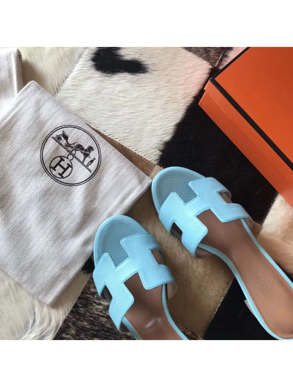 Hermes Oasis Sandals In Blue Atoll Epsom Leather