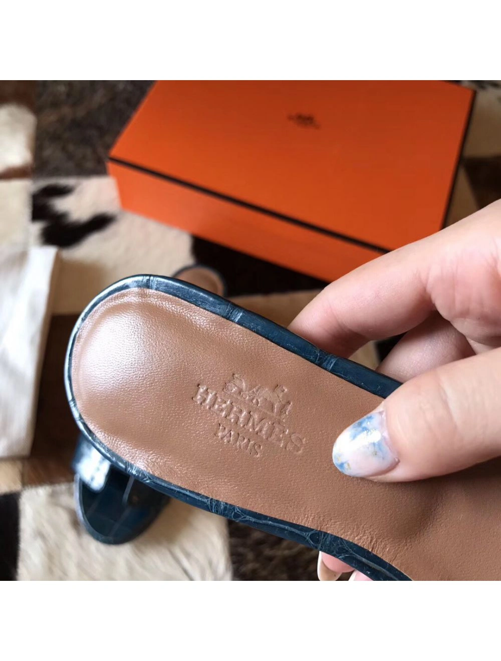 Hermes Oasis Sandals In Blue Shiny Niloticus Crocodile