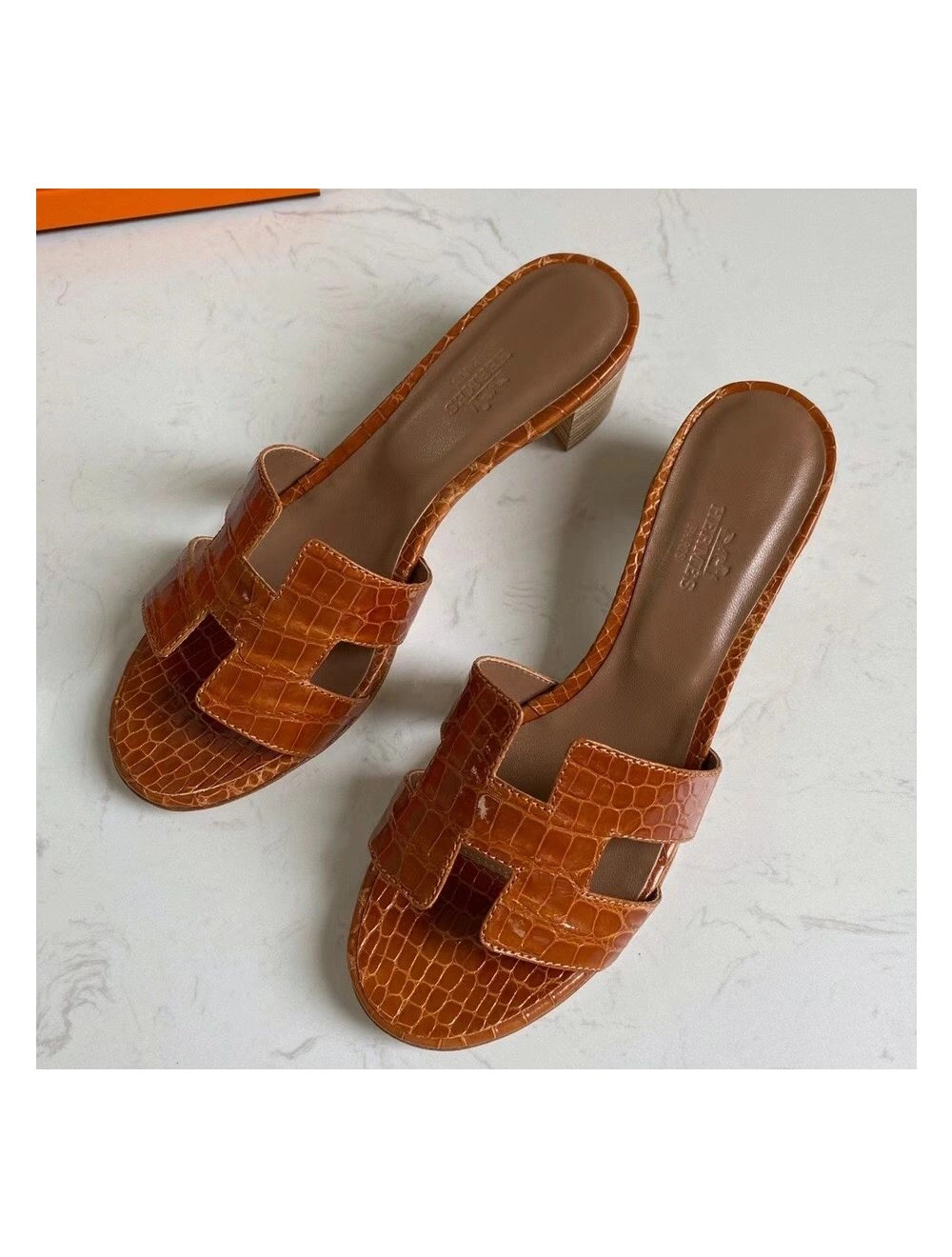 Hermes Oasis Sandals In Brown Shiny Niloticus Crocodile
