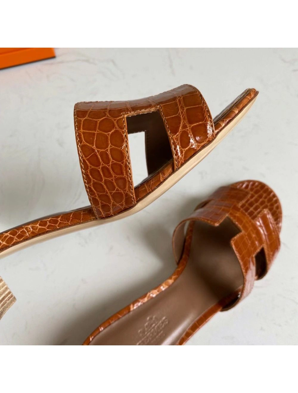 Hermes Oasis Sandals In Brown Shiny Niloticus Crocodile