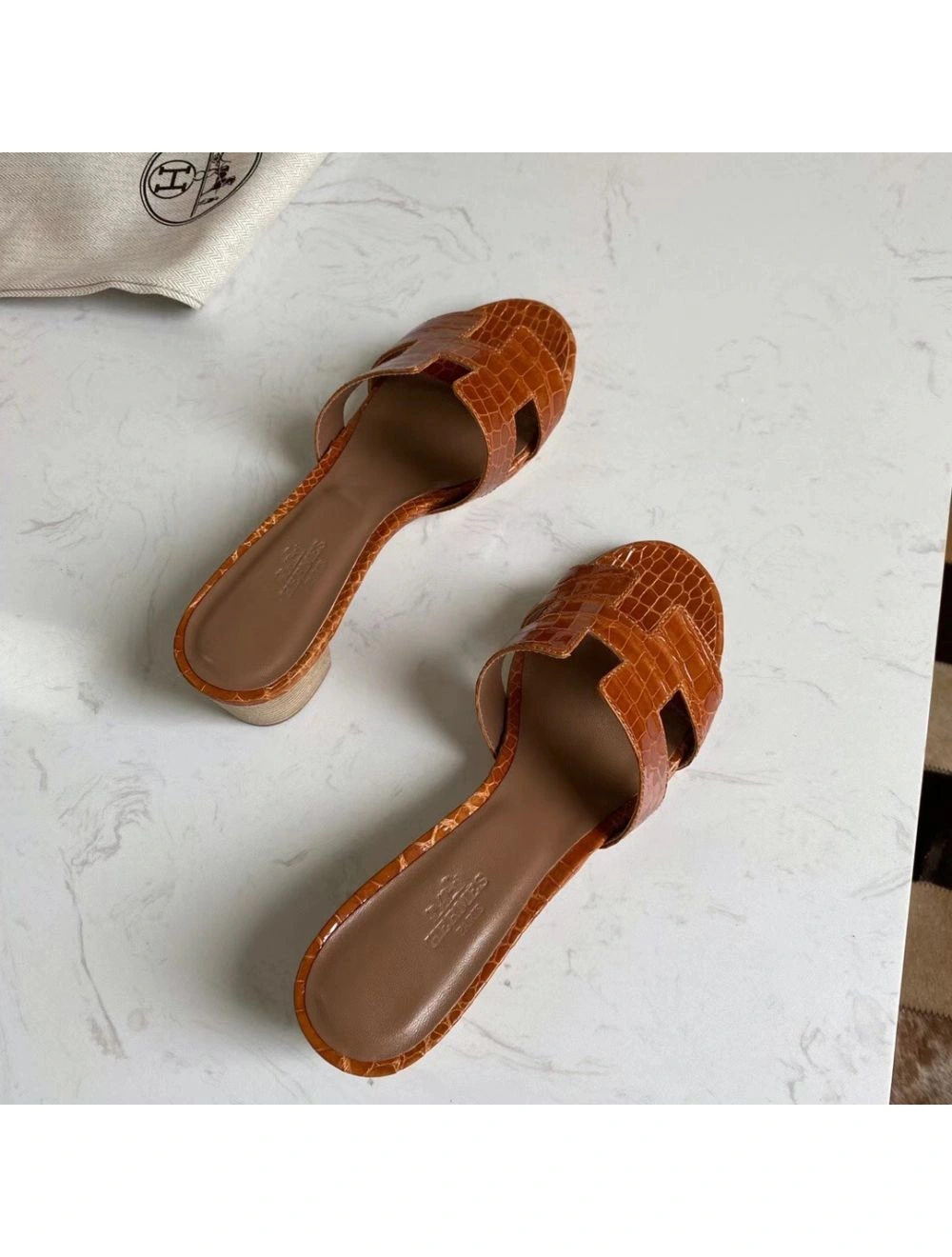 Hermes Oasis Sandals In Brown Shiny Niloticus Crocodile
