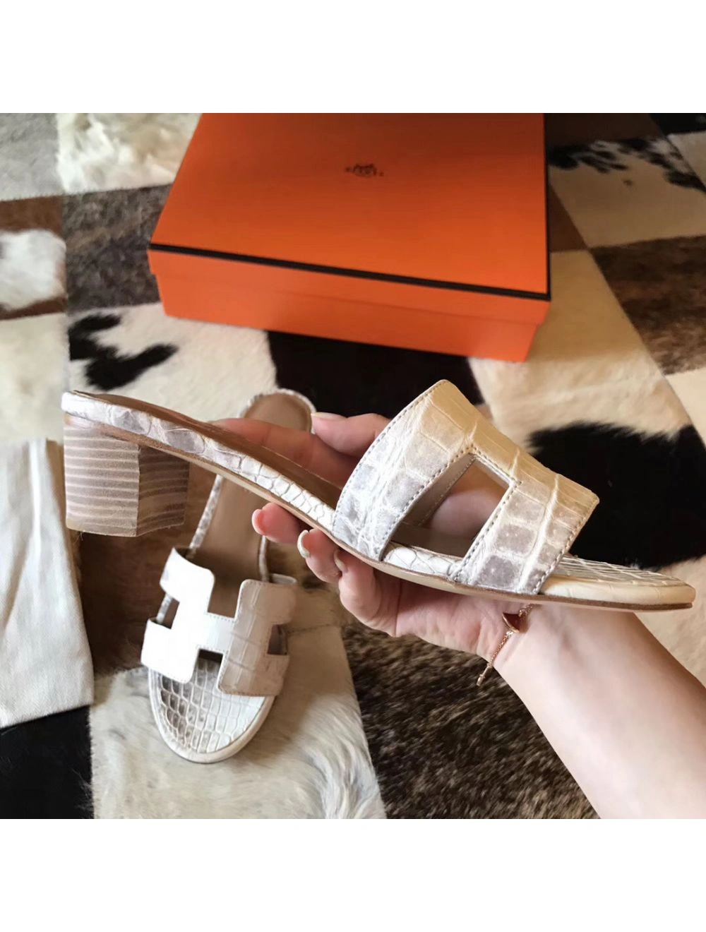 Hermes Oasis Sandals In Himalaya Matte Niloticus Crocodile