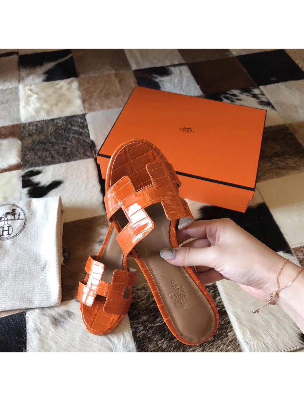Hermes Oasis Sandals In Orange Shiny Niloticus Crocodile