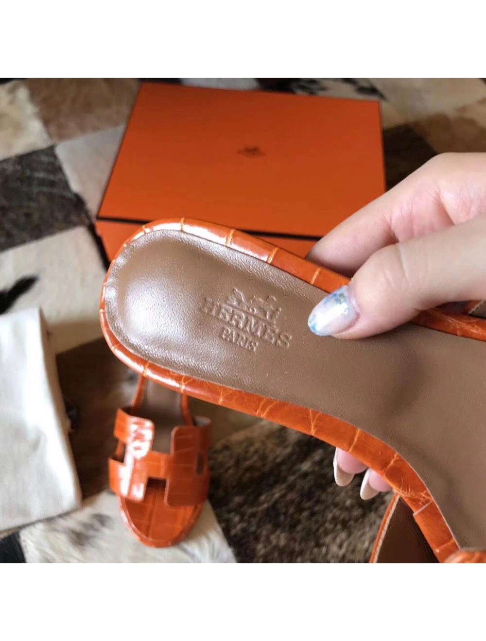 Hermes Oasis Sandals In Orange Shiny Niloticus Crocodile