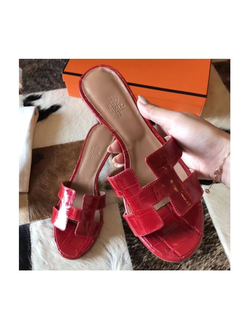 Hermes Oasis Sandals In Red Shiny Niloticus Crocodile