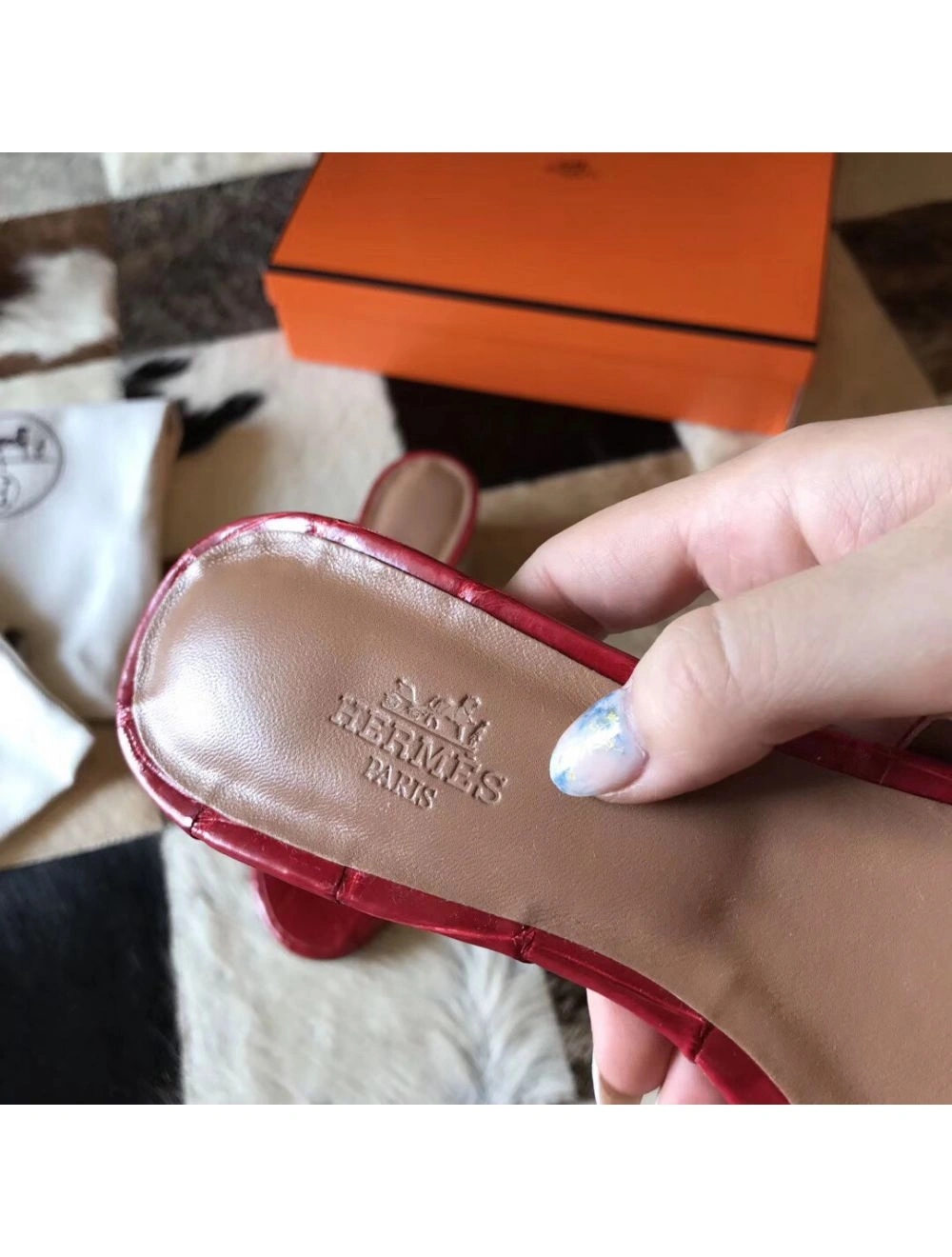 Hermes Oasis Sandals In Red Shiny Niloticus Crocodile