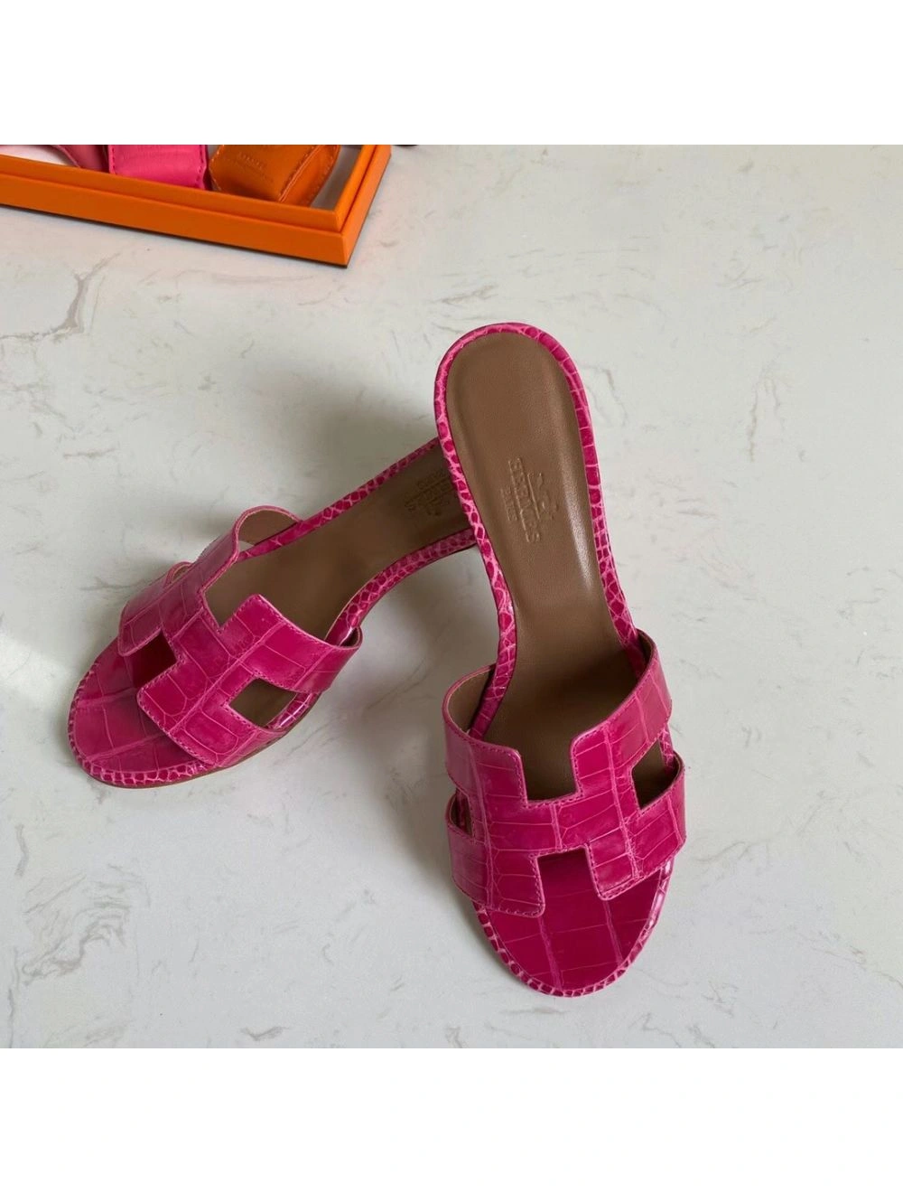 Hermes Oasis Sandals In Rose Red Shiny Niloticus Crocodile