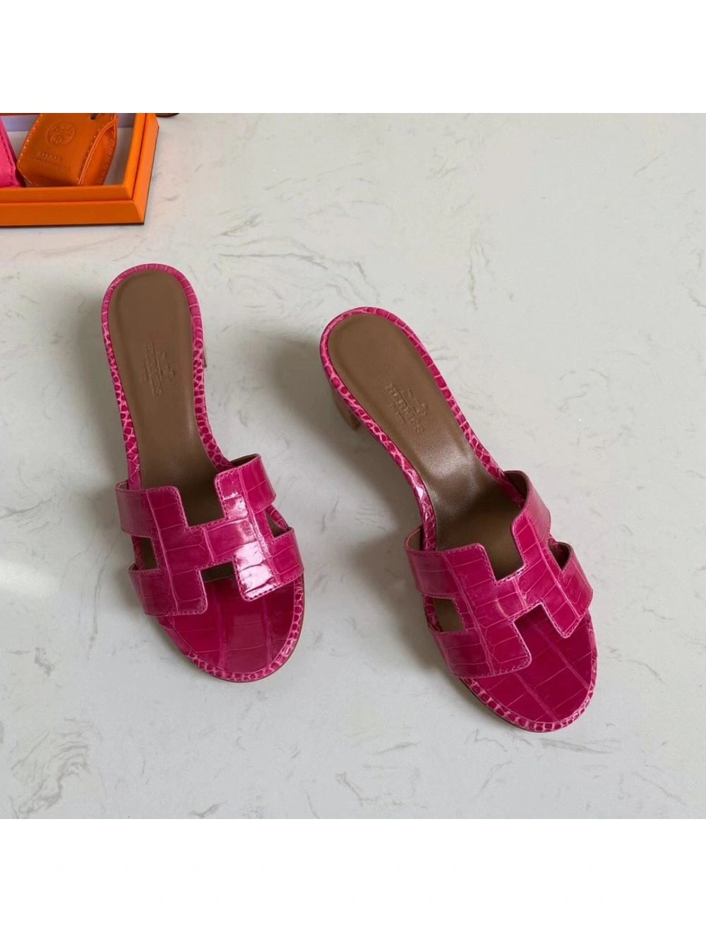 Hermes Oasis Sandals In Rose Red Shiny Niloticus Crocodile