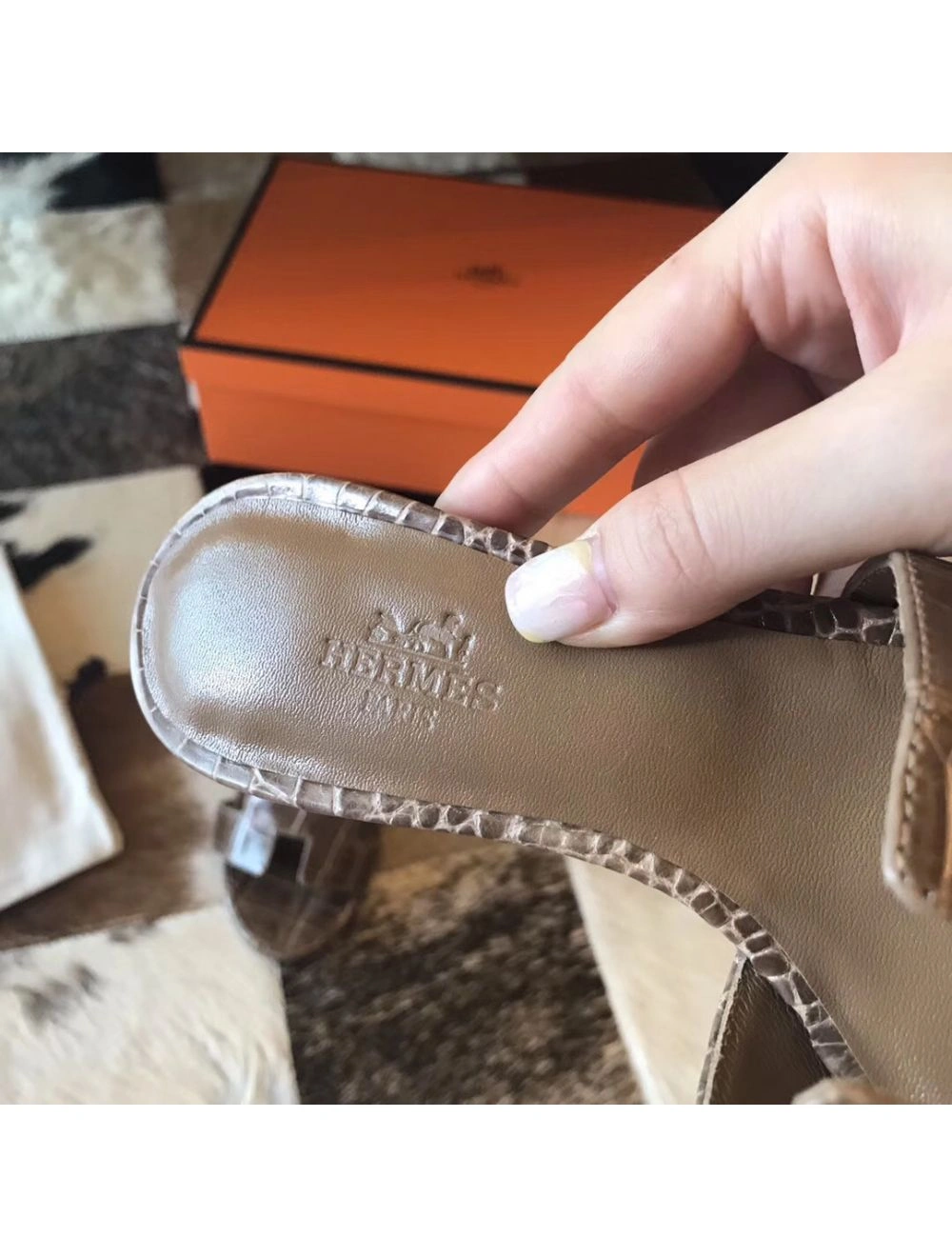 Hermes Oasis Sandals In Taupe Shiny Niloticus Crocodile