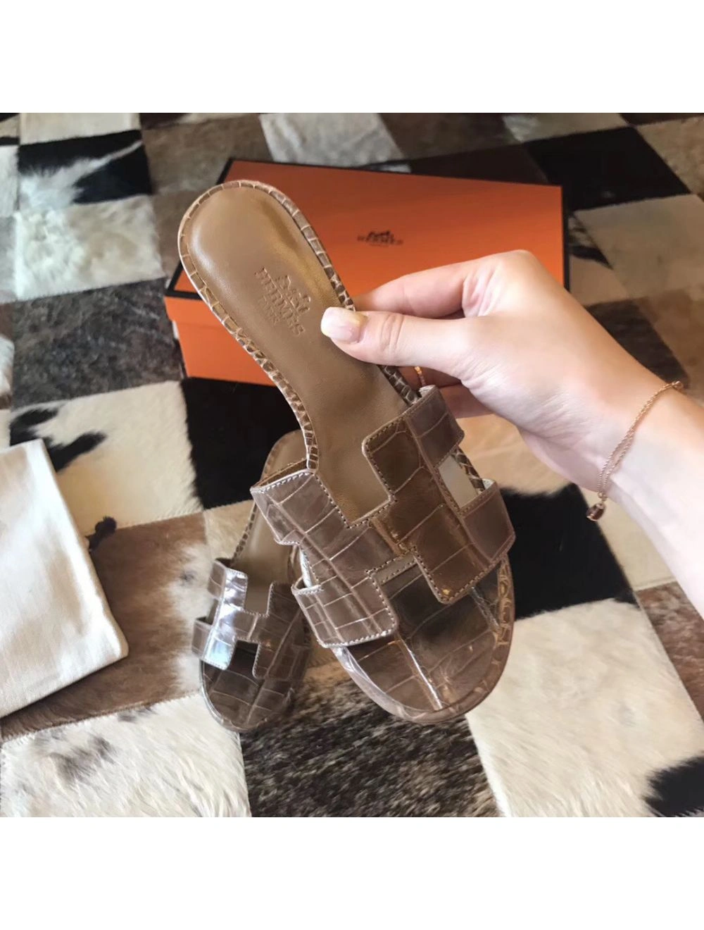 Hermes Oasis Sandals In Taupe Shiny Niloticus Crocodile