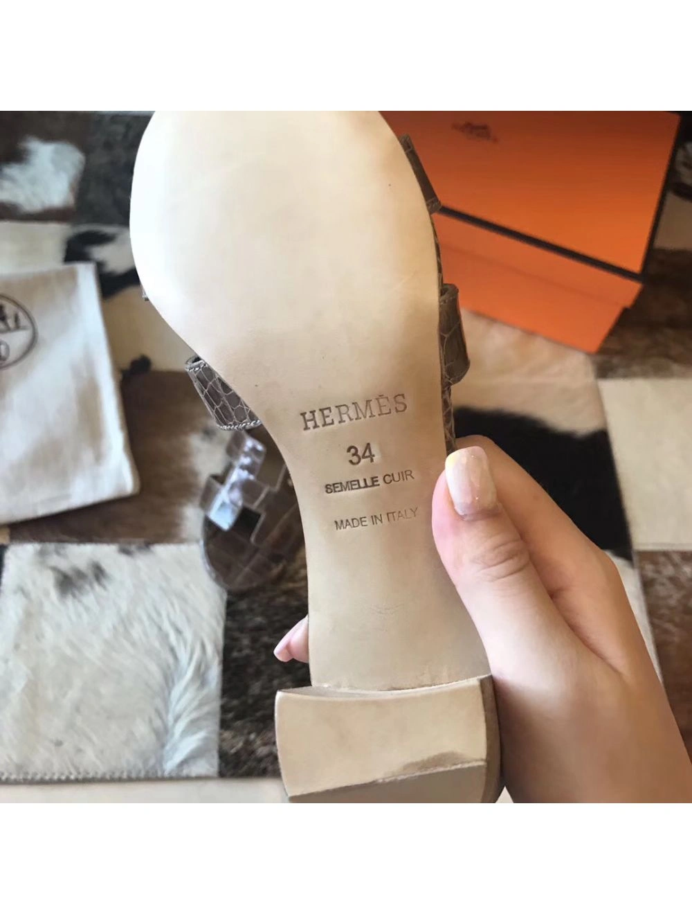 Hermes Oasis Sandals In Taupe Shiny Niloticus Crocodile