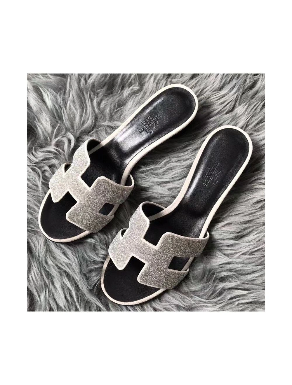 Hermes Oasis Sandals In White Suede with Rhinestone