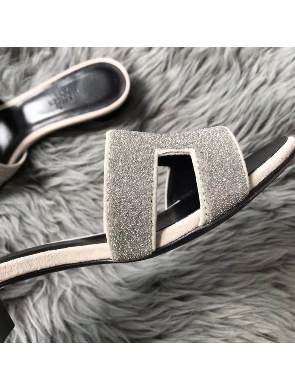 Hermes Oasis Sandals In White Suede with Rhinestone