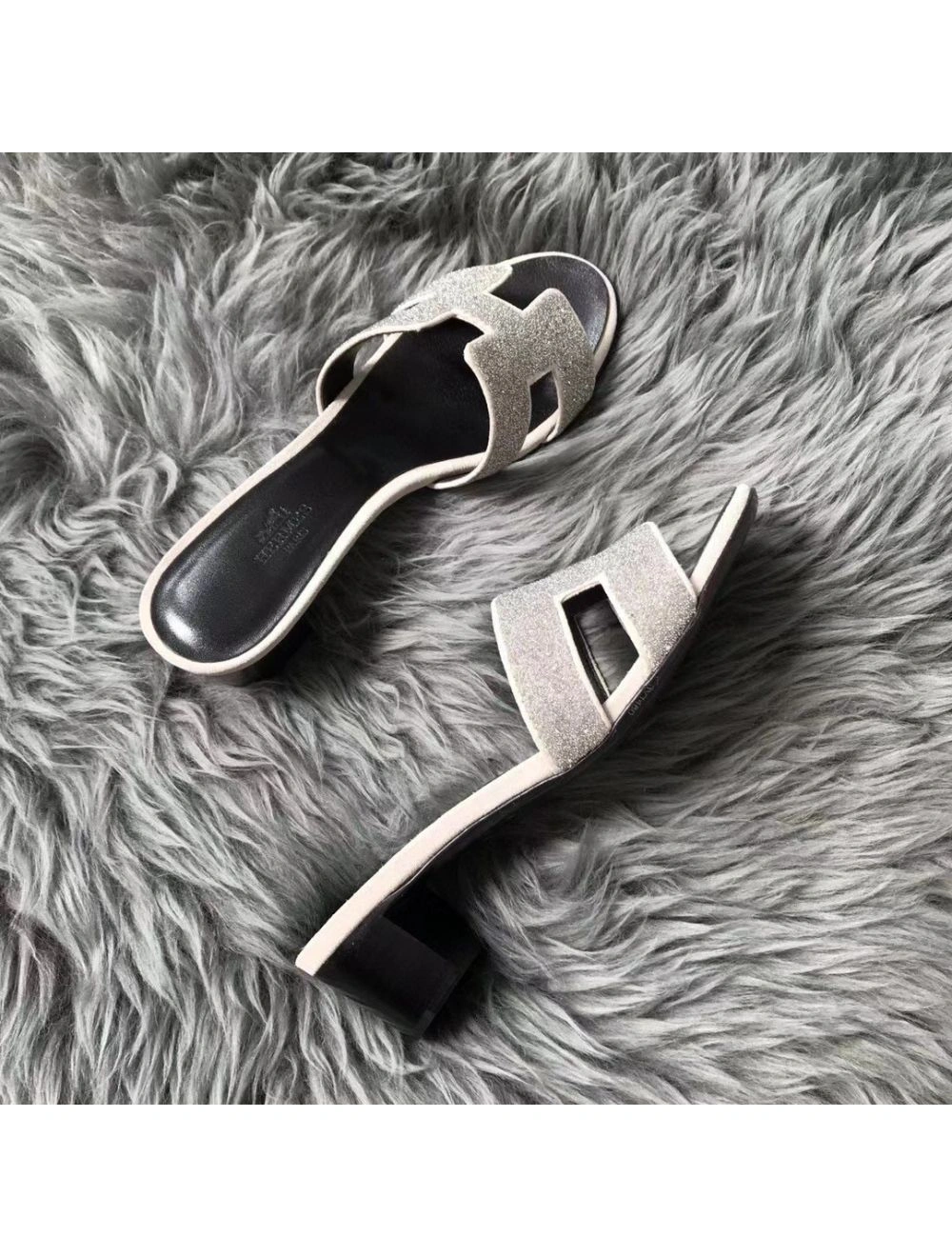 Hermes Oasis Sandals In White Suede with Rhinestone