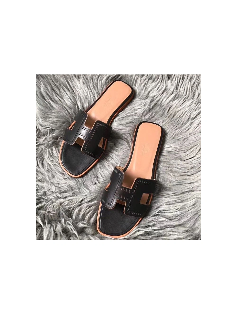 Hermes Oran Perforated Sandals In Black Swift Leather
