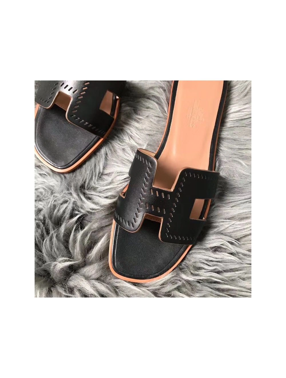 Hermes Oran Perforated Sandals In Black Swift Leather