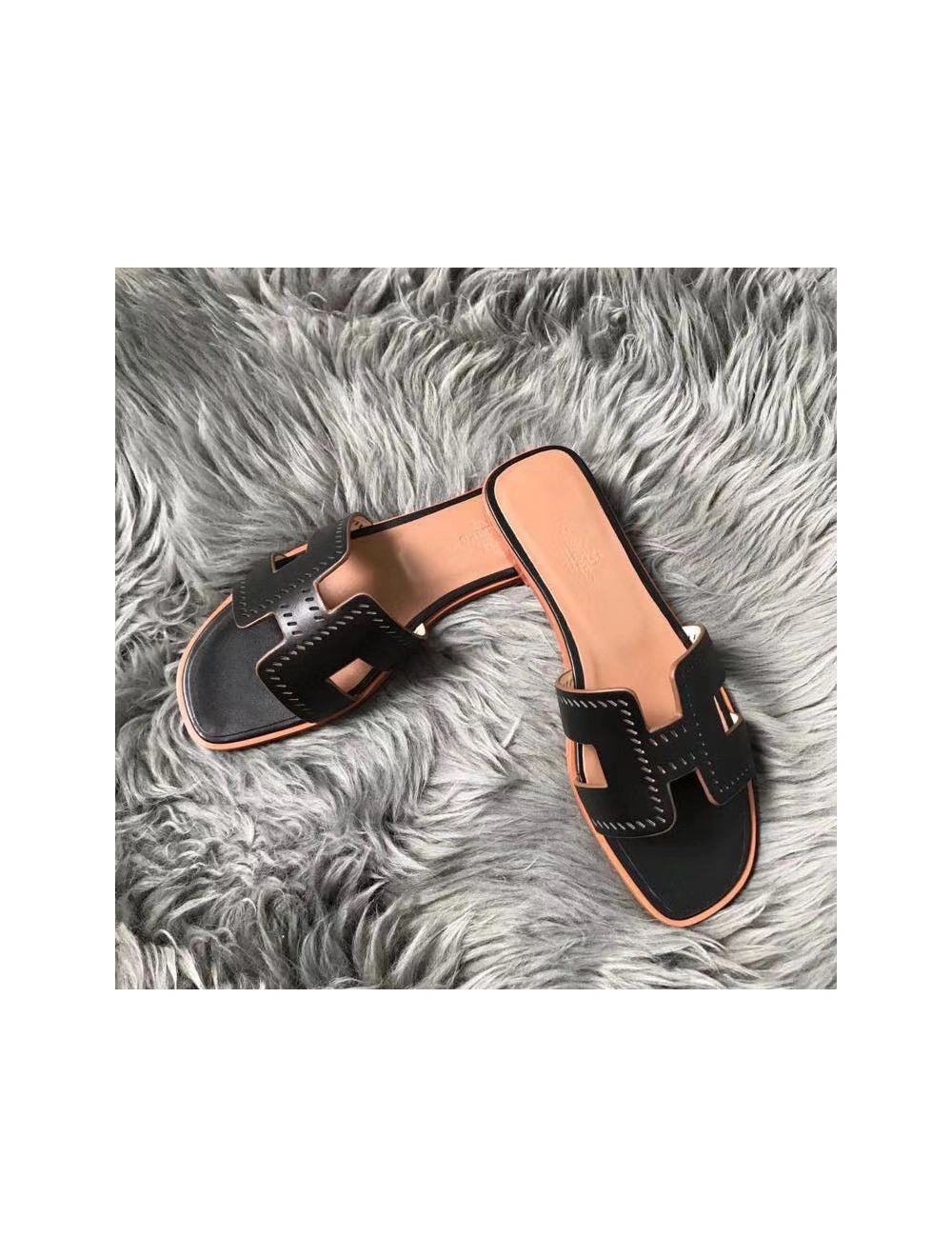 Hermes Oran Perforated Sandals In Black Swift Leather