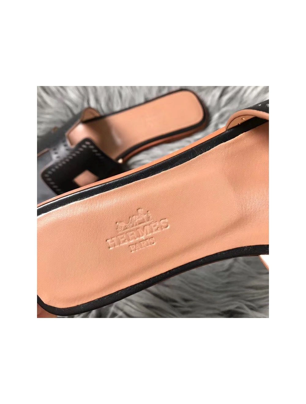 Hermes Oran Perforated Sandals In Black Swift Leather