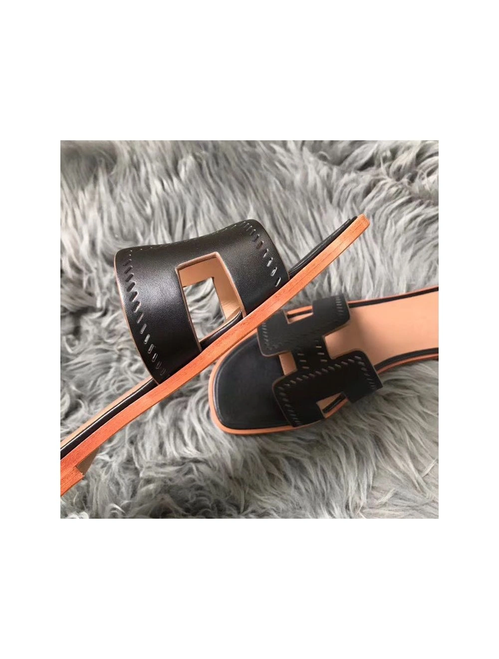 Hermes Oran Perforated Sandals In Black Swift Leather