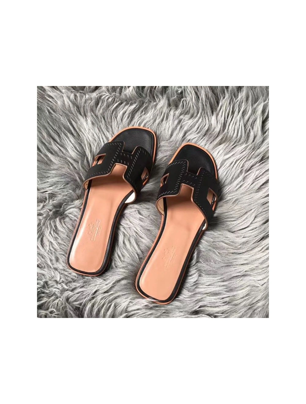 Hermes Oran Perforated Sandals In Black Swift Leather