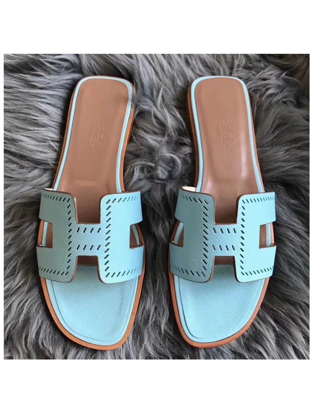 Hermes Oran Perforated Sandals In Blue Atoll Epsom Leather