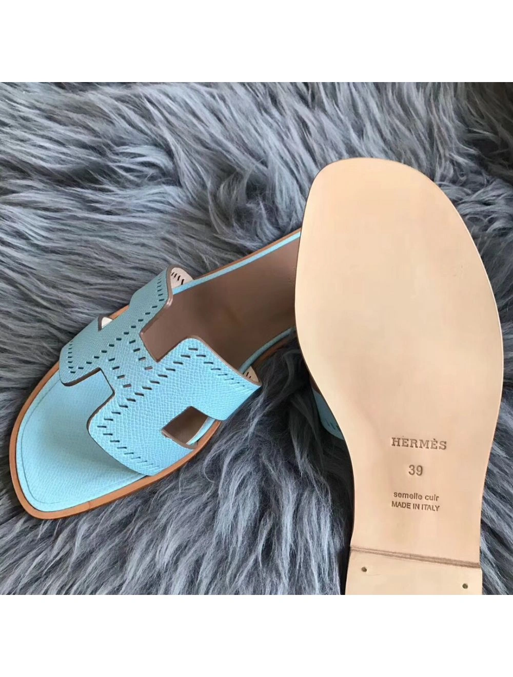 Hermes Oran Perforated Sandals In Blue Atoll Epsom Leather