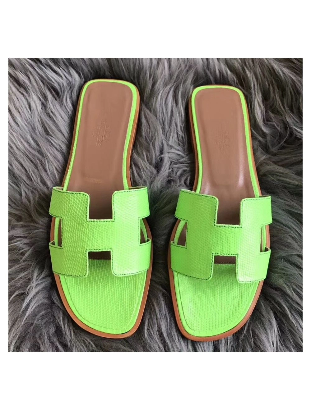 Hermes Oran Sandals In Apple Green Lizard Leather